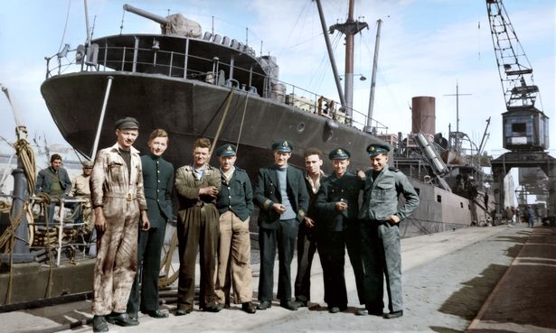 Jack Stringer, second right, in a photo taken in February 1942 in Gibraltar. The vessel SS Holmbury was to be the third ship Jack was sunk on, the following year, 70 miles off the West African coast