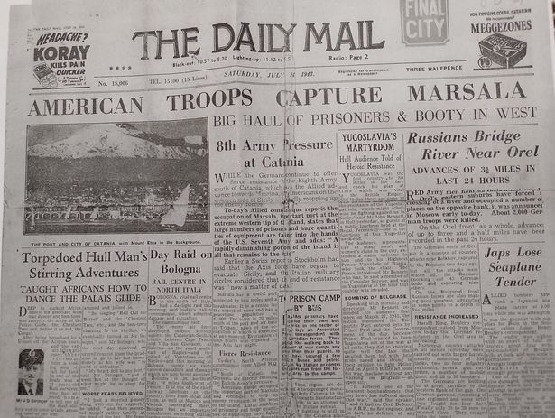 A copy of the Hull Daily Mail from Saturday, July 24, 1943, when Jack Stringer and one of his torpedo survival stories made the front page