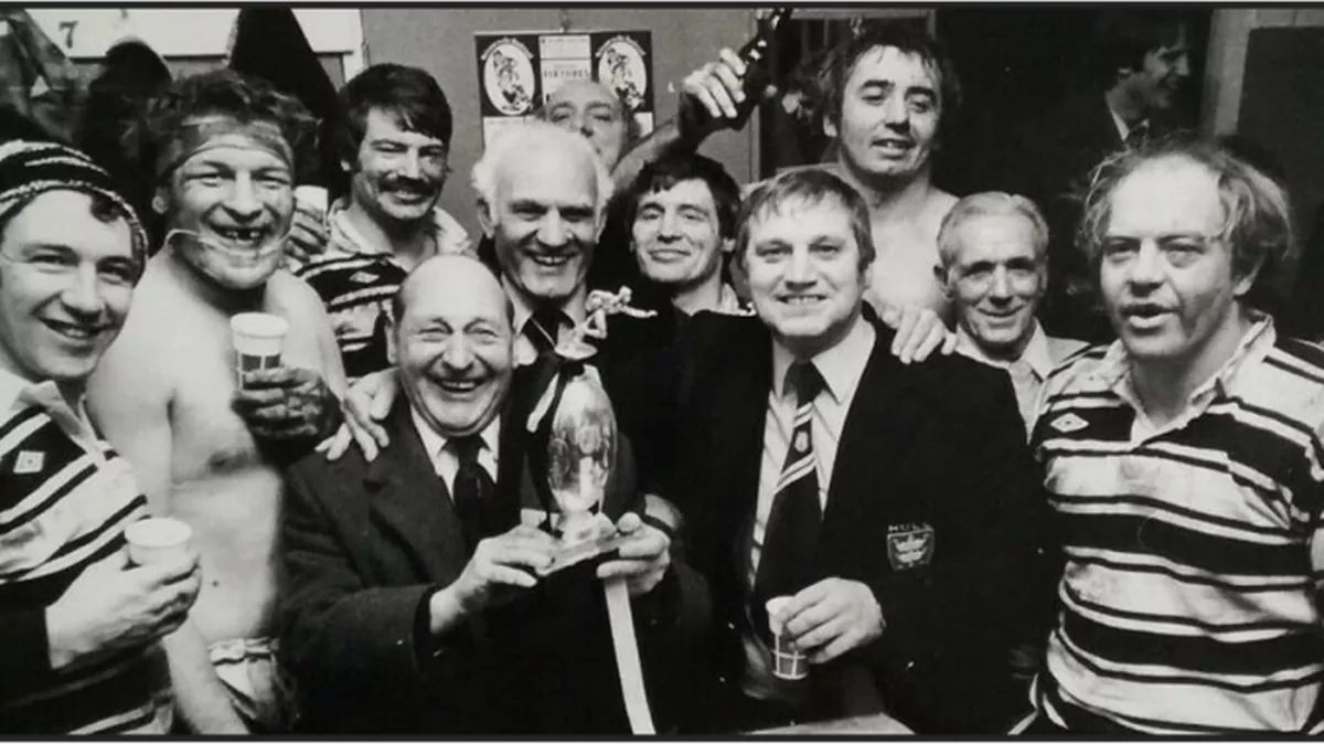 Hull players with the Floodlit Trophy affter being Rovers in 1979. 