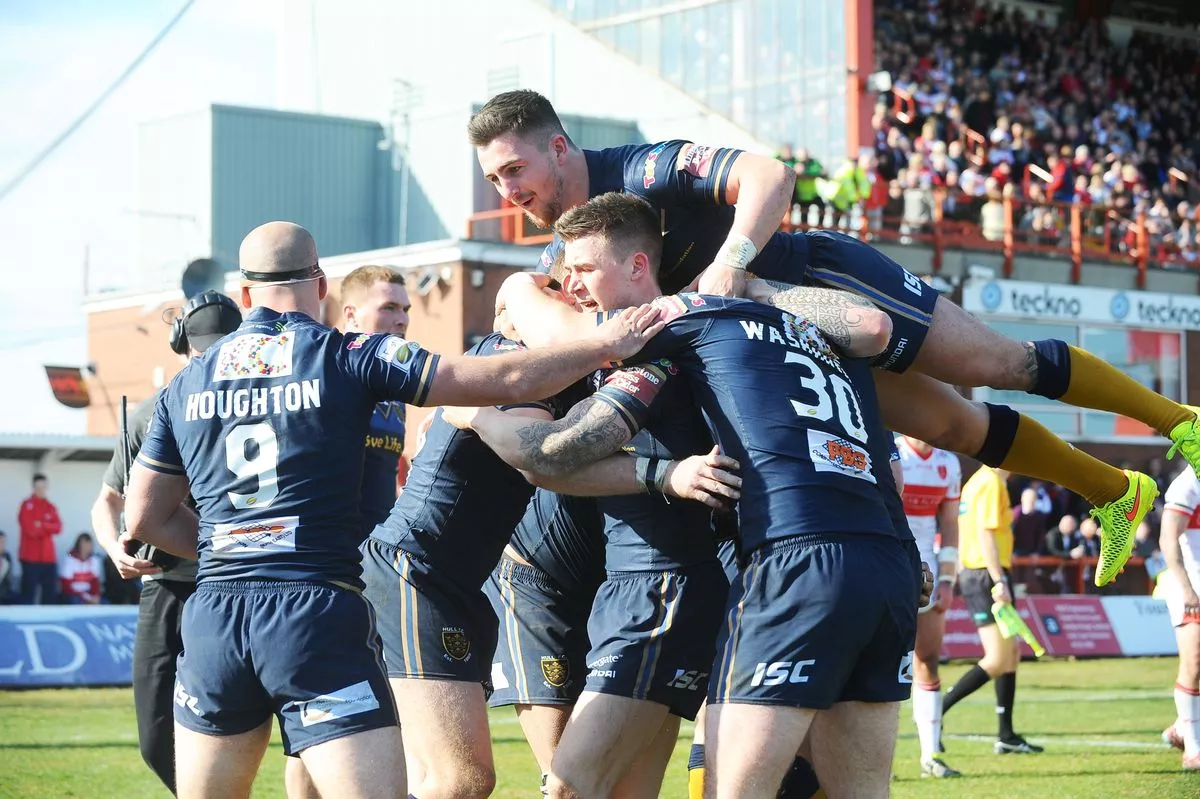 Hull FC players celebrate Steve Michaels' try during the derby game against Hull KR at Craven Park
