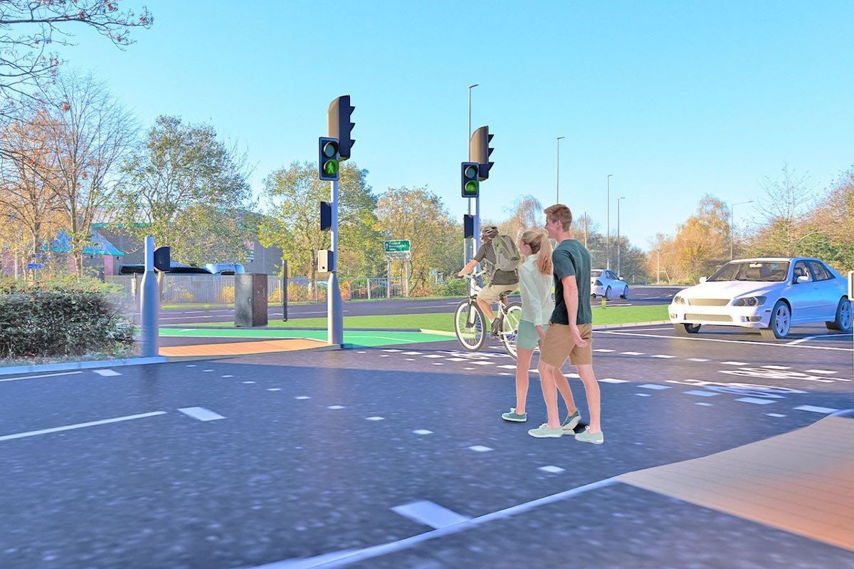 Artist's impression of a new pedestrian and cycle crossing at the Ennerdale Leisure Centre roundabout