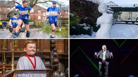 PA Media/David Levene/Bradford City of Culture 2025/Helen Tabor Photography Four images: top left, Kevin Sinfield jumps over a puddle. Top right, the Venue de Milo built in snow. Bottom left, a 10-year-old boy in choir robes. Bottom right, Dynamo stands on a dark stage.