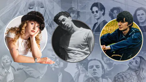 BBC A composite image showing three people - one woman and a man - in circles set on a washed-out background featuring the images of a number of people's faces.