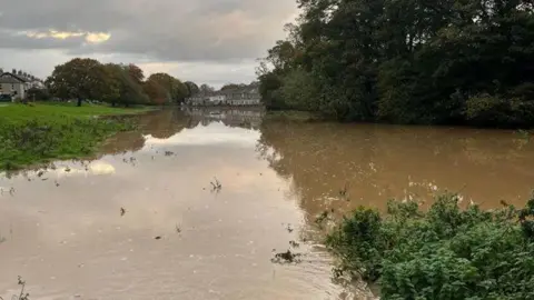 BBC A large stream of brown muddy water is flooding an area of pastureland. The water stretches out to the houses in the distance. On the left is a grassy slope of pasture with flood water washing across.