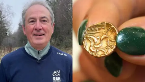 BBC/David Duggleby Auctioneers Two images: on the left, Mark Burtonshaw faces the camera, dressed in athletic gear. One right, a small ancient gold coin with five dots across the top in a rectangular frame with an abstract depiction of a horse.