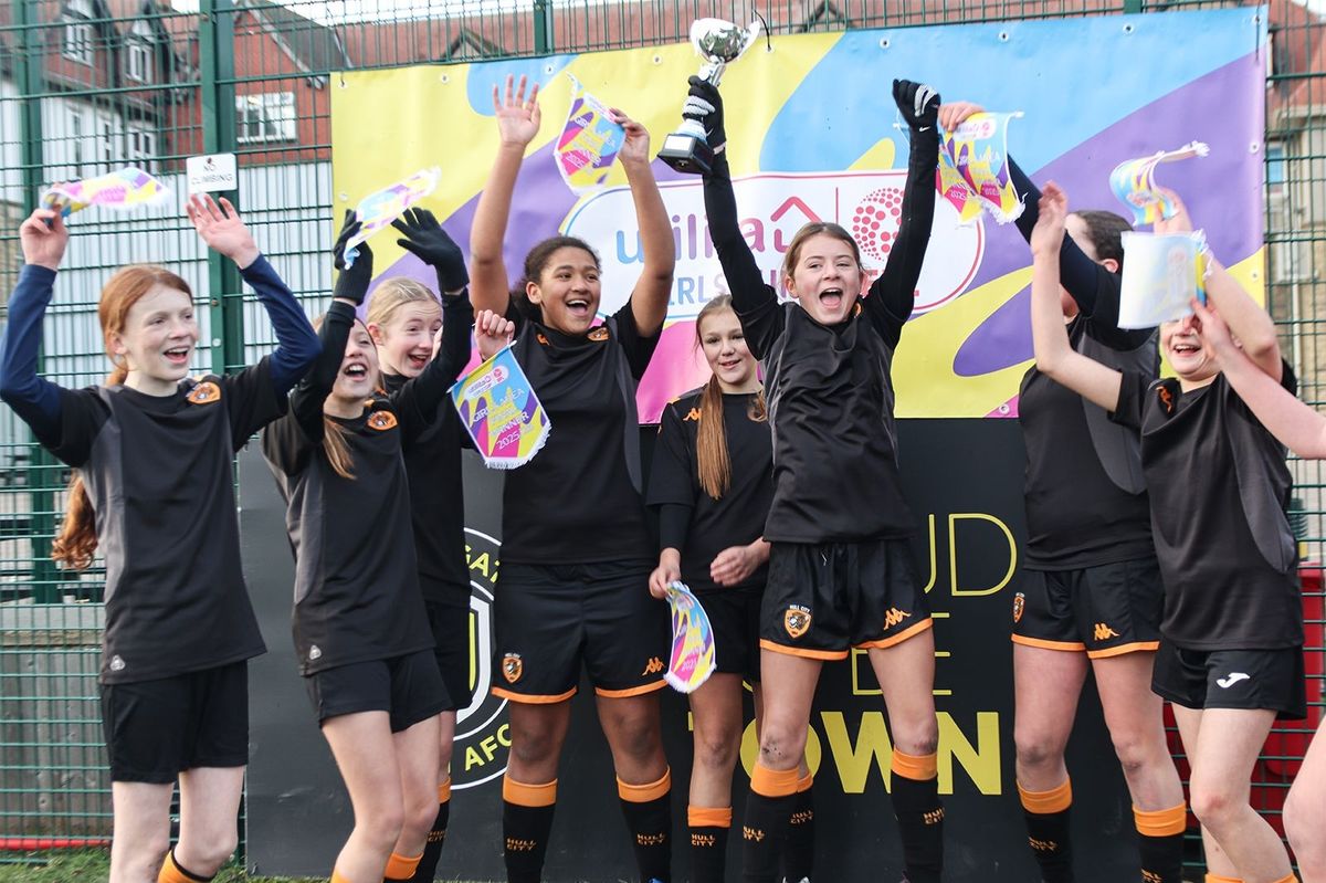 South Hunsley School girls' football team, representing Hull City, victorious after playing St John Fisher Catholic Academy, representing Harrogate Town, in an area final of the Utilita Girls Cup