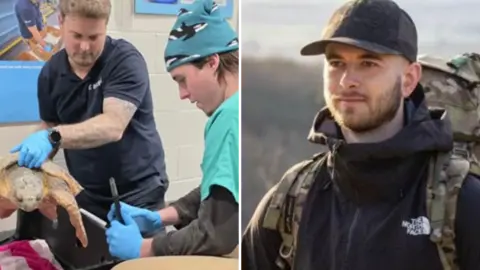 The Deep/Howard Kniveton Two images: on the left two vets help a turtle, on the right a man wearing North Face jacket and a black cap with a camouflage backpack.