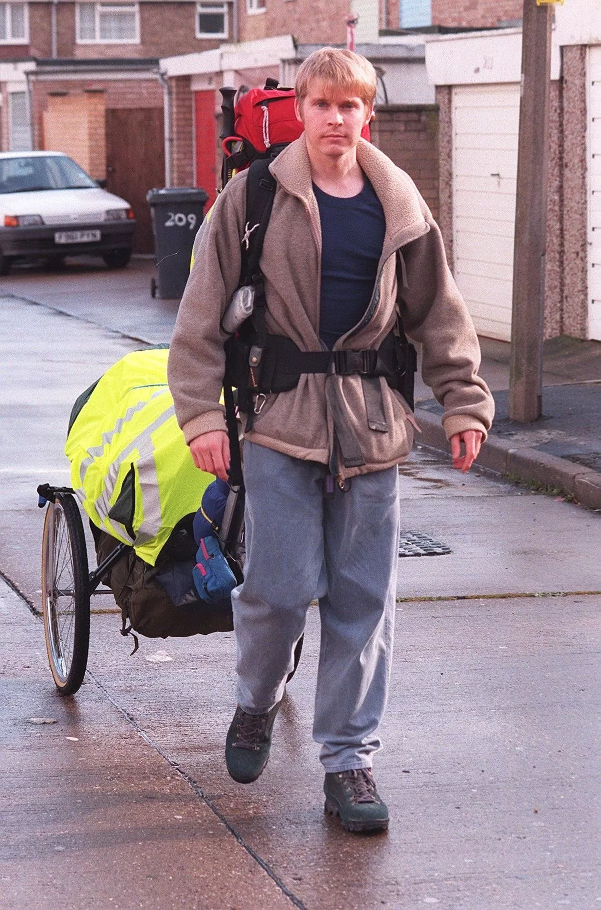 A picture from the Hull Daily Mail archive showing Karl Bushby setting out from Sutton Park on his global trek, on October 5, 1998 