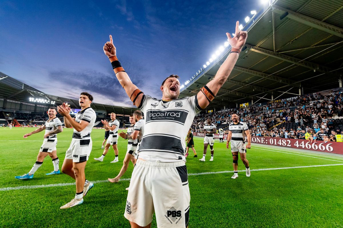 Hull FC's Liam Knight celebrates victory over Wakefield.