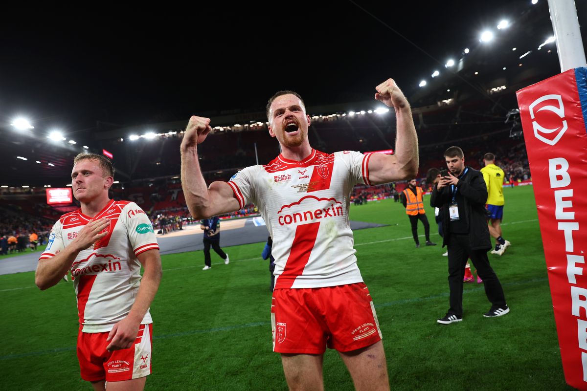 Joe Burgess celebrates Hull KR's Super League Grand Final victory.
