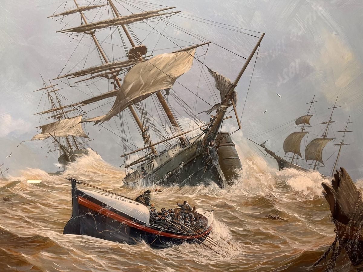 Painting of the Bridlington RNLI Lifeboat 'Robert Whitworth' during the Great Gale, by artist Don Micklethwaite, on display at Bridlington Lifeboat Station
