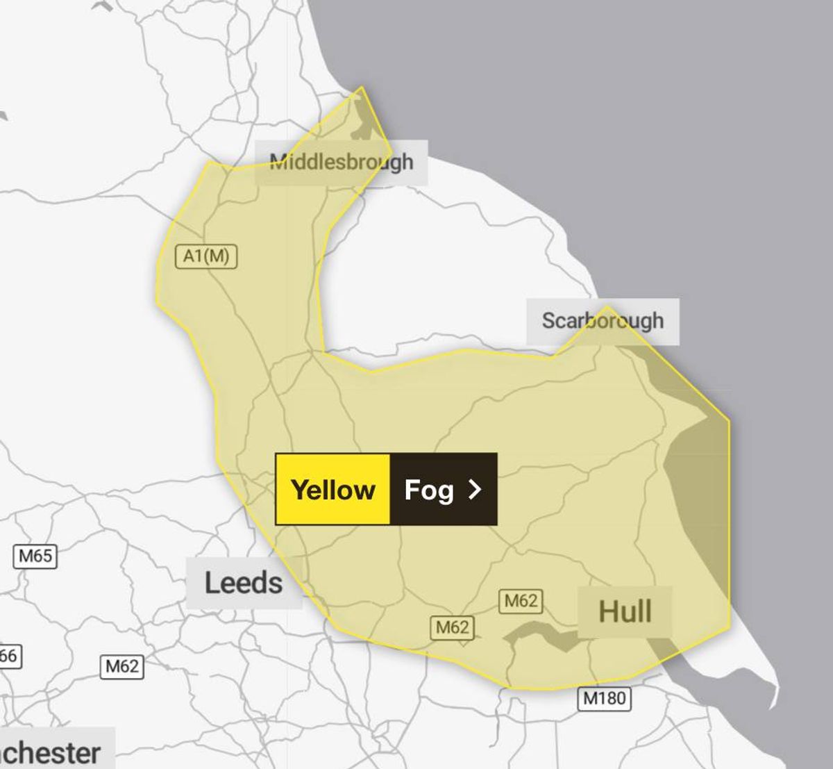 Map showing a yellow weather warning for fog has been issued