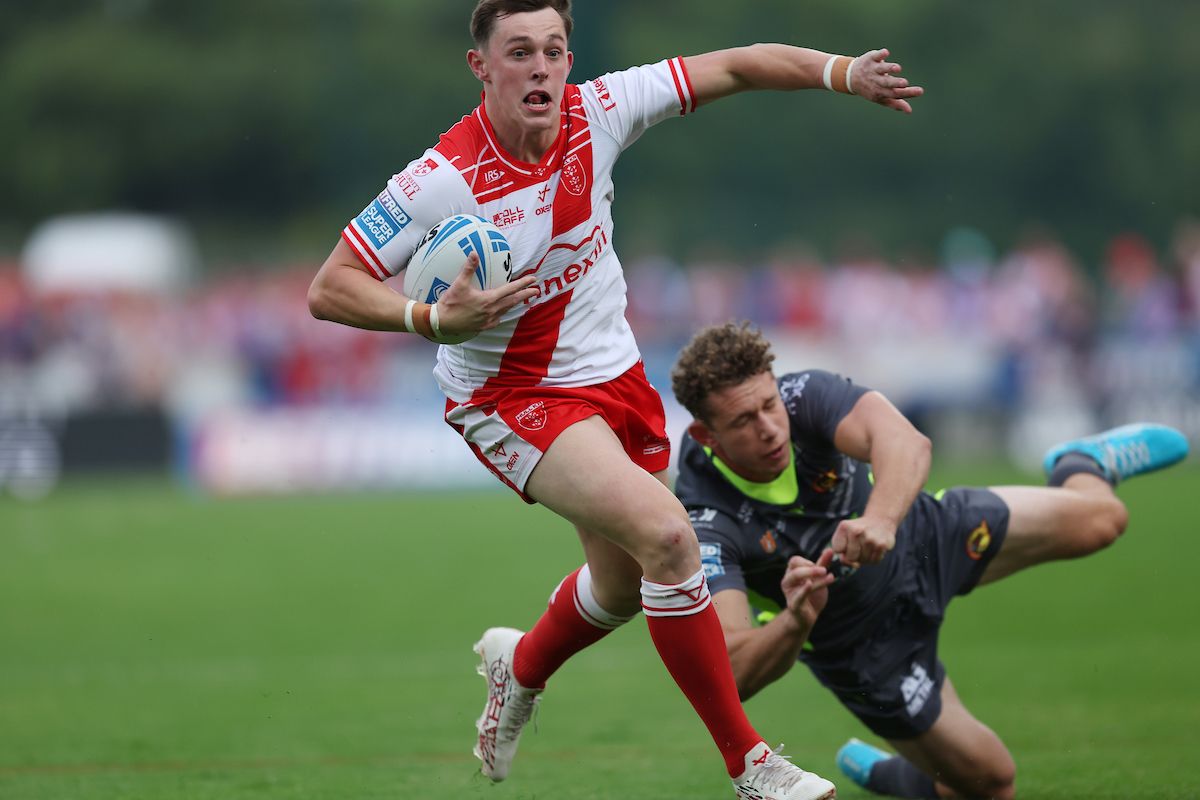 Hull Kingston Rovers' Jack Broadbent in action with Catalans Dragons' Matthieu Laguerre