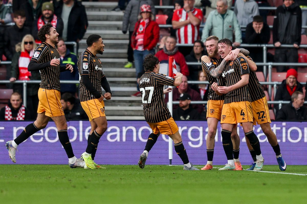 Charlie Hughes of Hull City celebrates after he scores a goal to make it 2-0 at Southampton 