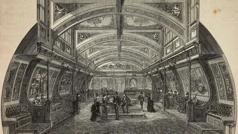 DEA / ICAS94 / Getty A newspaper engraving of the interior of the anti-seasickness cabin it has a barrel roof and seating along the wall in the centre a group of people are talking