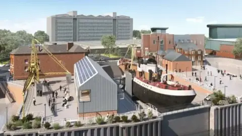 Hull City Council An artist's drawing of a large black ship docked next to a silver building. There are people walking on pavements either side and a large multi-storey building dominating the skyline in the background.