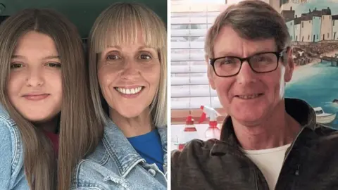 Family Handout A composite image showing Grace and Sarah Keeling and Mark Ratcliffe. Grace and Sarah are on the left and both have light blue jean jackets on. Grace has long brown hair and Sarah shot blonde hair. On the right, Mark is wearing a brown quarter-zip top and has short brown hair with a parting and is wearing black-rimmed glasses.