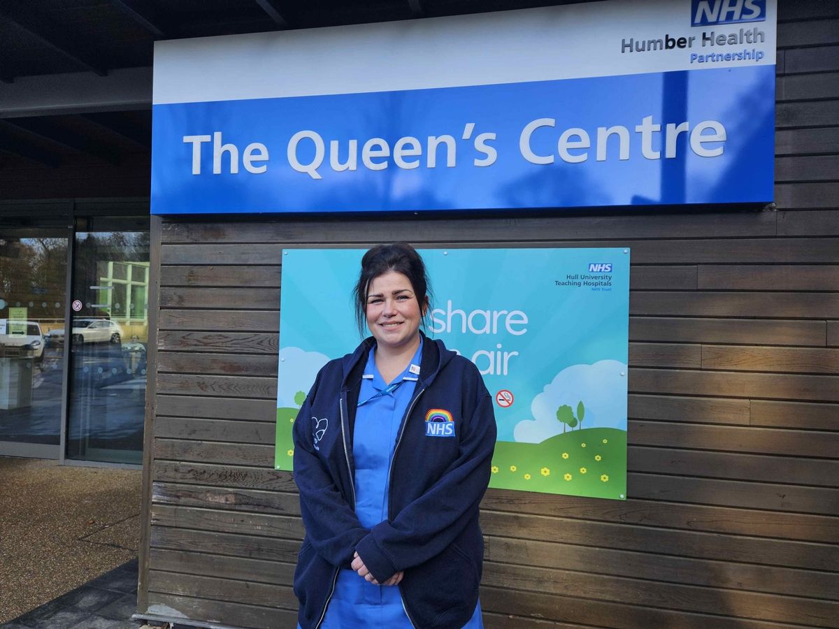 Zowie outside the Queen's Centre at Castle Hill Hospital