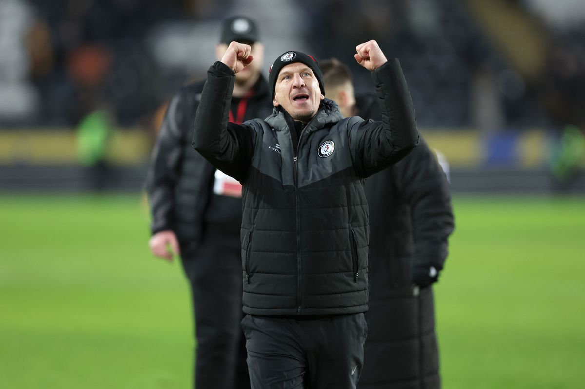 Bristol City manager Gerhard Struber celebrates the win at Hull City