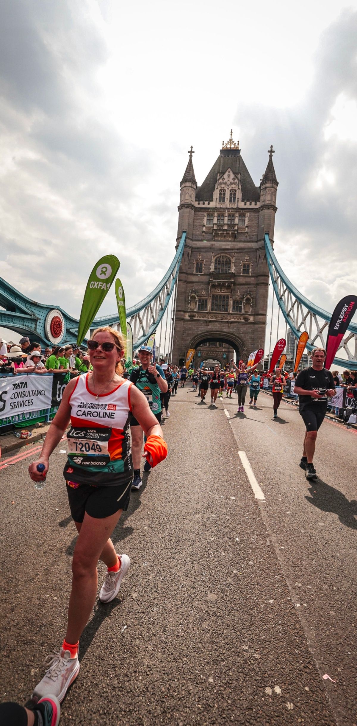 Caroline on Tower Bridge at the 2025 London Marathon 