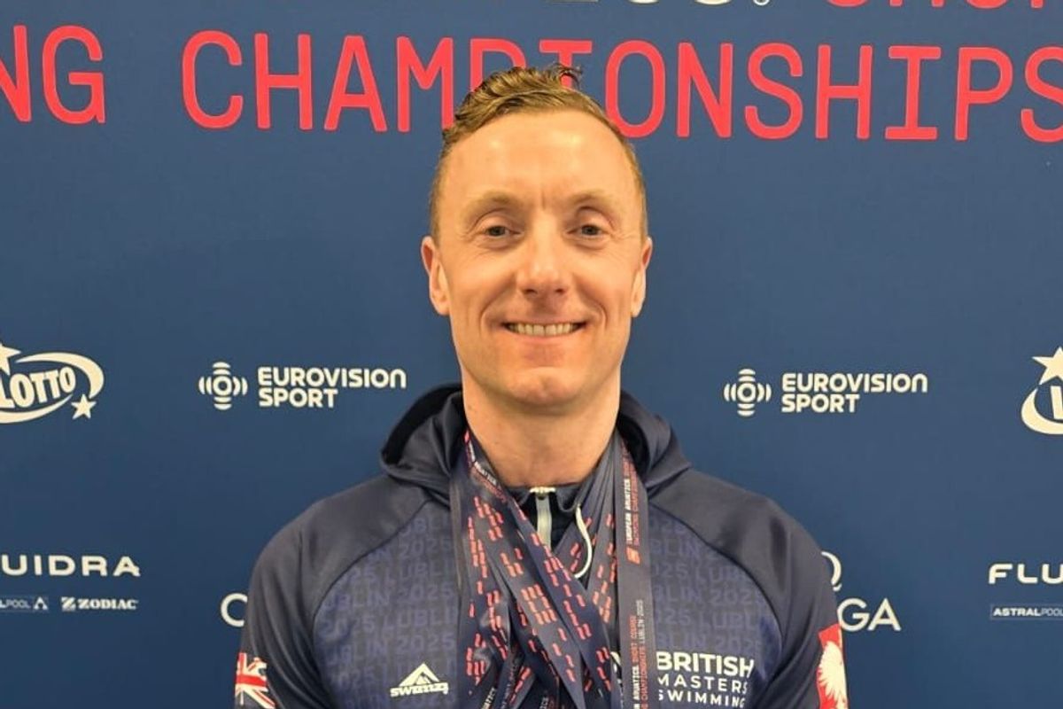 Paul Callis of Beverley celebrating an impressive medal haul at the European Masters Swimming Championships