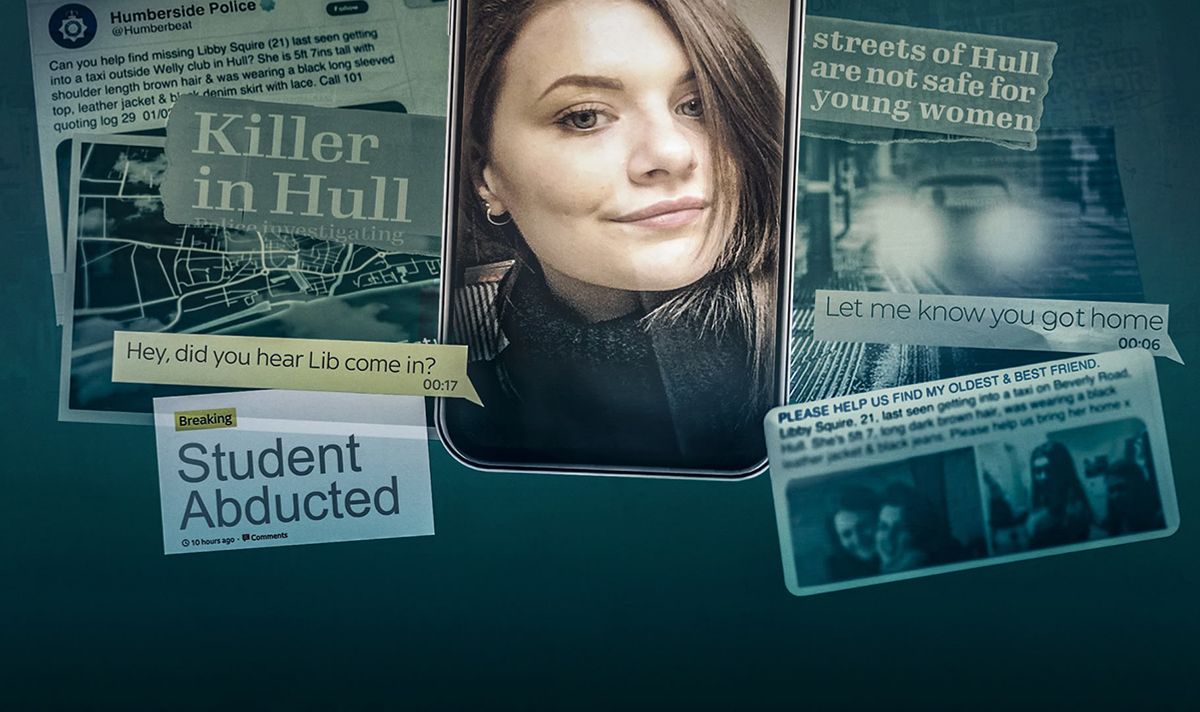 A woman's photo is surrounded by newspaper cuttings