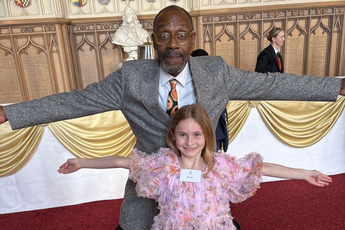 Sharing a fun moment with Sir Lenny Henry at Windsor Castle is Peyton Kershaw, 7, from Goole