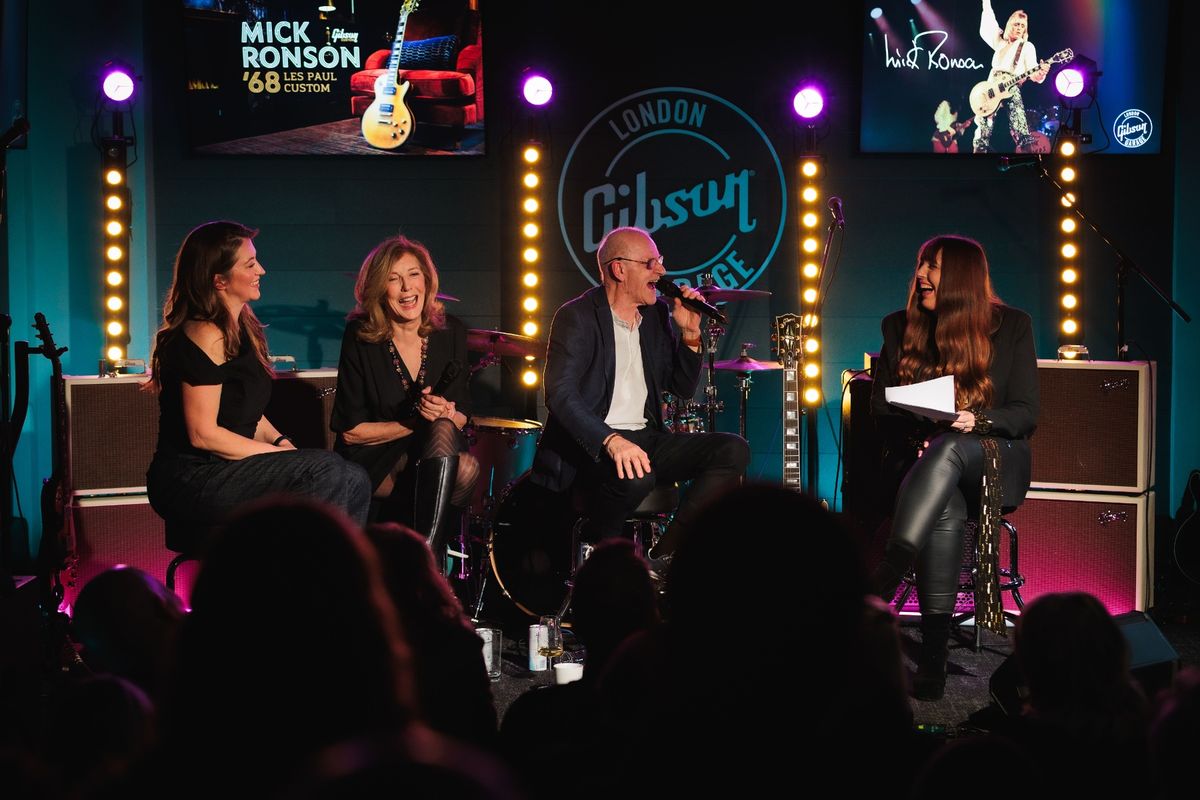 Lisa Ronson, Suzi Ronson and Woody Woodmansey talking to Georgie Rogers, of BBC 6Music at the Gibson Garage Fest in London
