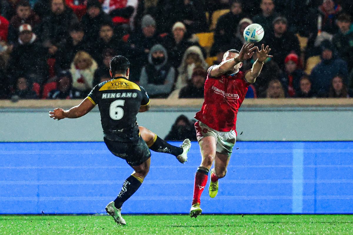 York's Ata Hingano kicks the winning point against defending Super League champions Hull KR.