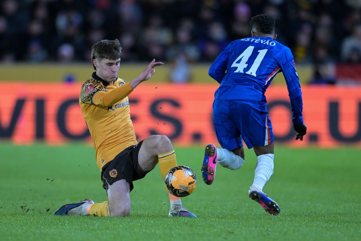 Cathal McCarthy tackles Chelsea's Estevao during the FA Cup meeting last weekend