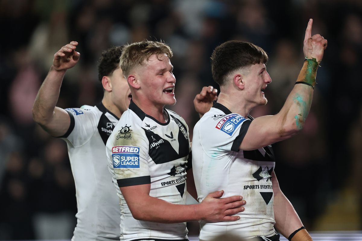 Hull FC centre Davy Litten celebrates his try.
