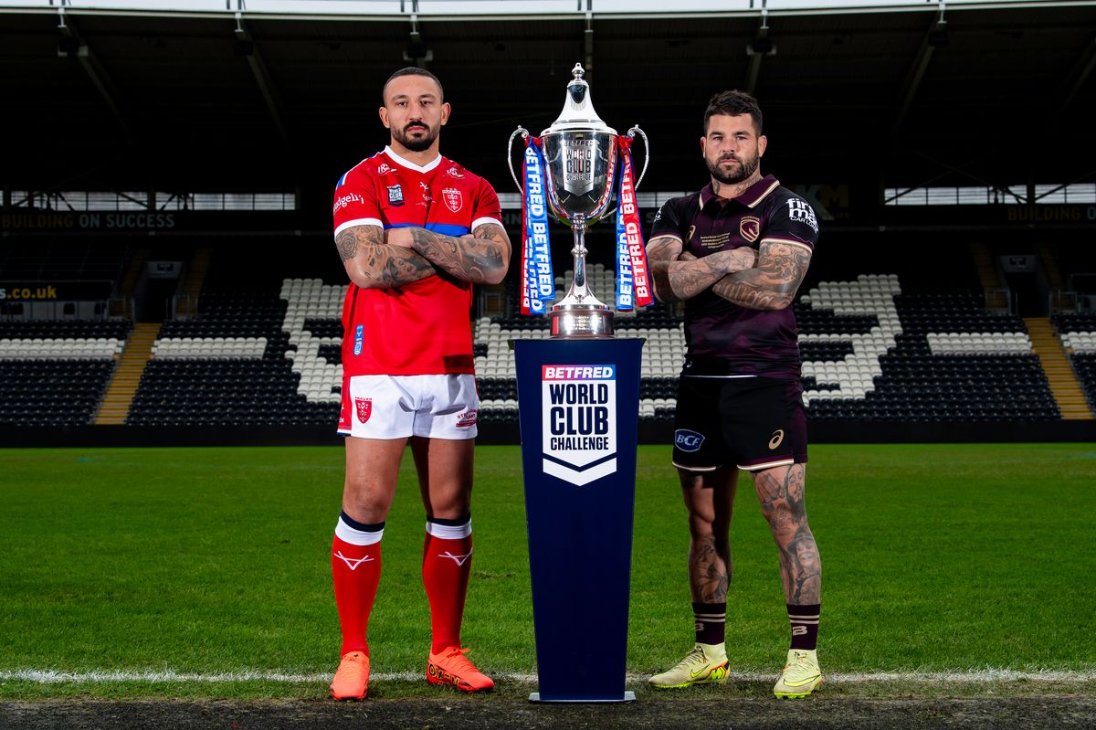 Hull KR and Brisbane Broncos captains Elliot Minchella and Adam Reynolds with the Betfred World Club Challenge Trophy.