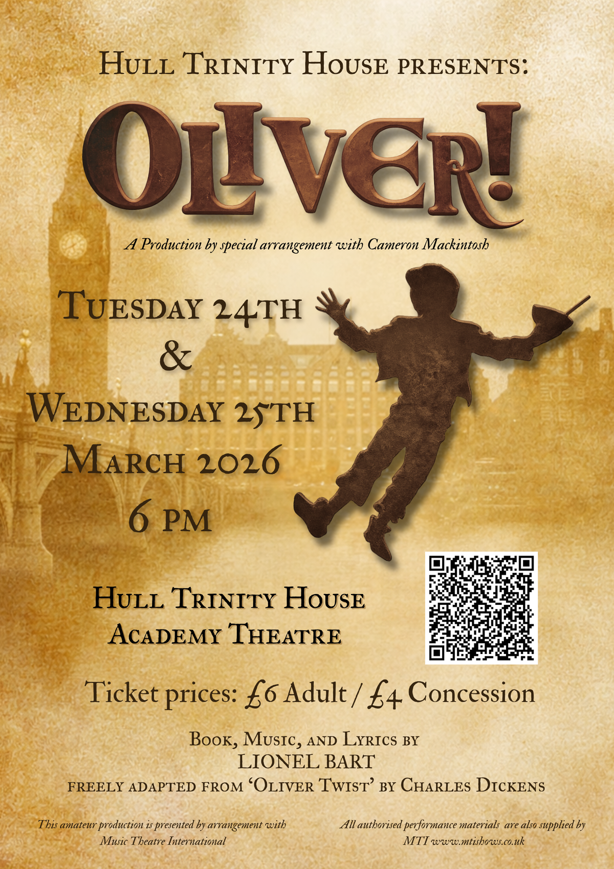 The poster for the school's production of Oliver! with music, lyrics, and book by Lionel Bart