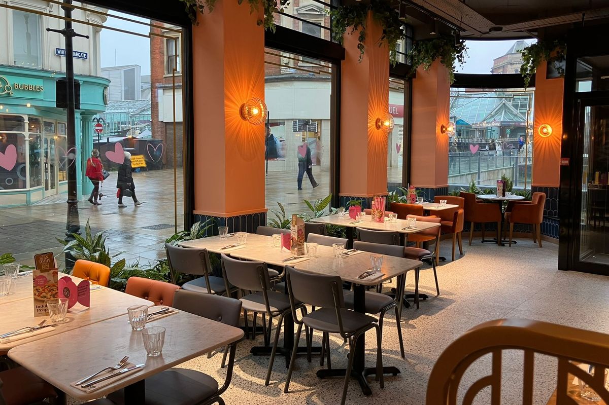 The interior of Pizza Express in the Burton Building is bright and eclectic