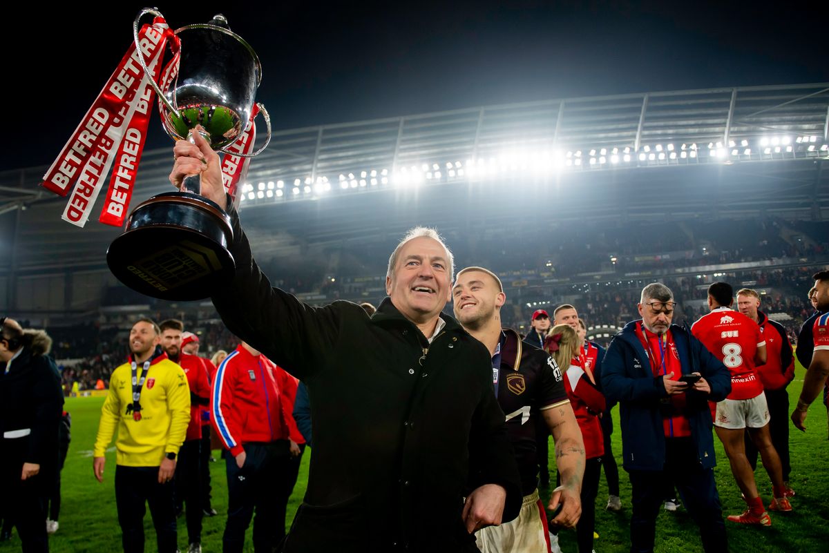 Hull KR's Neil Hudgell with the Betfred World Club Challenge trophy after victory over Brisbane Broncos.