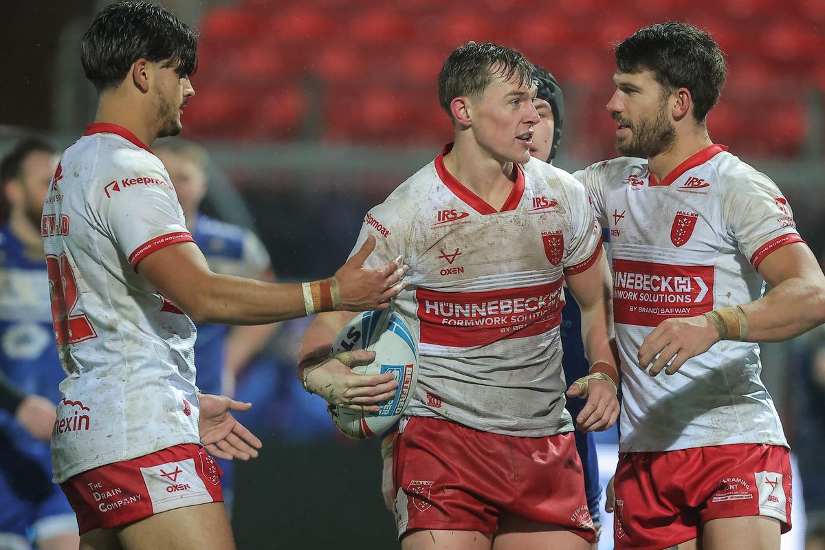 Jack Broadbent of Hull KR celebrates one of his tries against Lock Lane