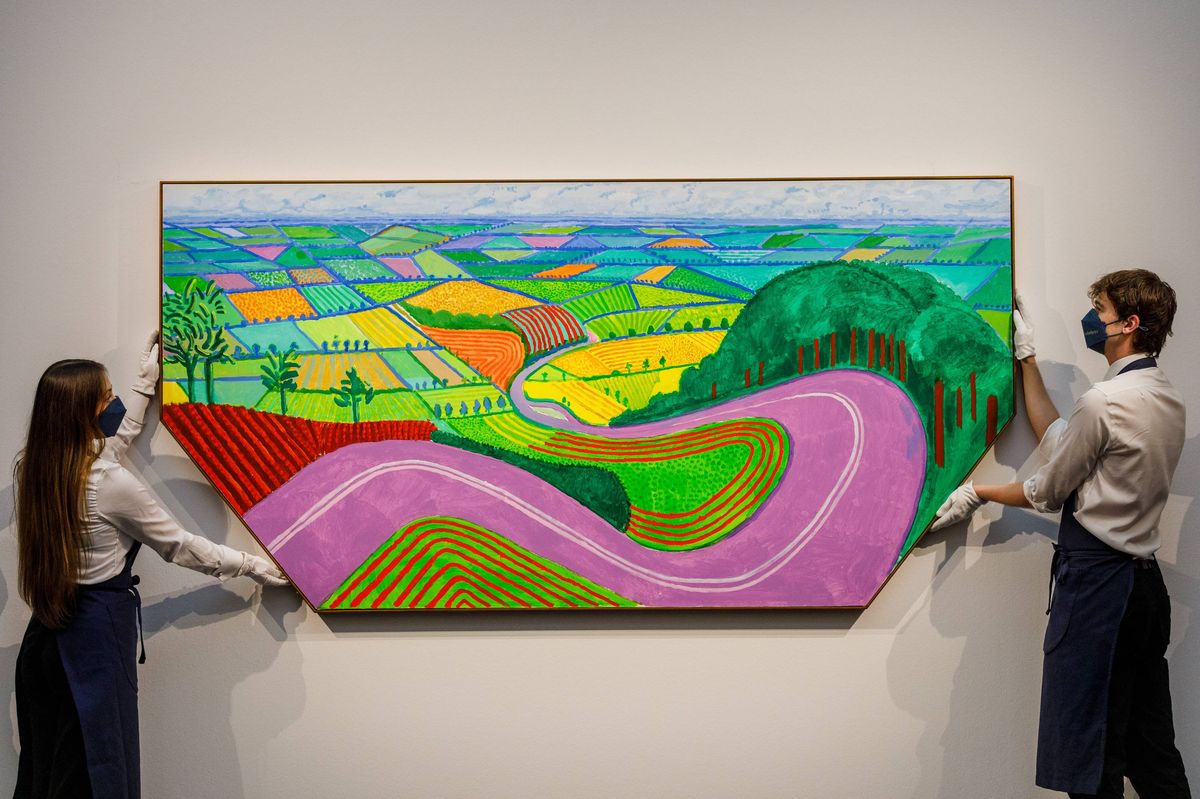 LONDON, ENGLAND - FEBRUARY 22: David Hockney’s ‘Garrowby Hill’, 2017 (est. £7,500,000-10,500,000), goes on view as part of an exhibition of modern and contemporary artworks worth a combined £200 million at Sotheby's on February 22, 2022 in London, England. The Modern & Contemporary Evening Auction takes place at Sotheby's in London on March 2 2022 (Photo by Tristan Fewings/Getty Images for Sotheby's)