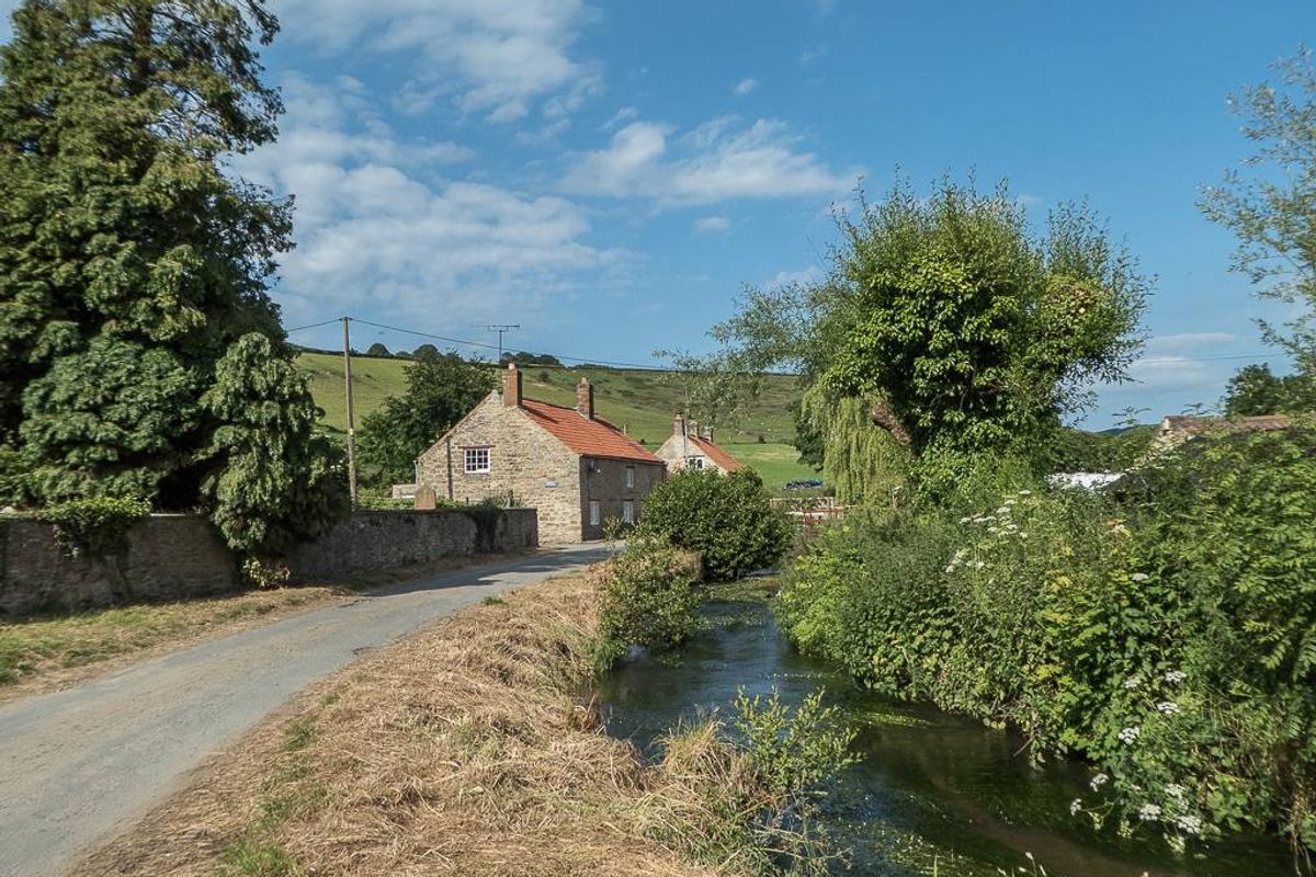 A scenic rural landscape featuring a quaint building with a red roof situated beside a tranquil waterway. The environment is adorned with lush greenery, including trees and shrubs, and the sky above is a clear blue with some clouds. The setting is characterized by a peaceful and idyllic countryside atmosphere.