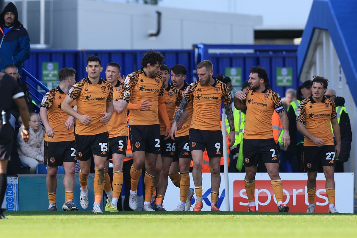 Hull City midfielder Matt Crooks (25) celebrates scoring the winner at Portsmouth