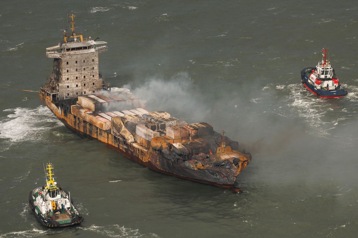 An aerial view of the MV Solong cargo ship in the North Sea following the crash
