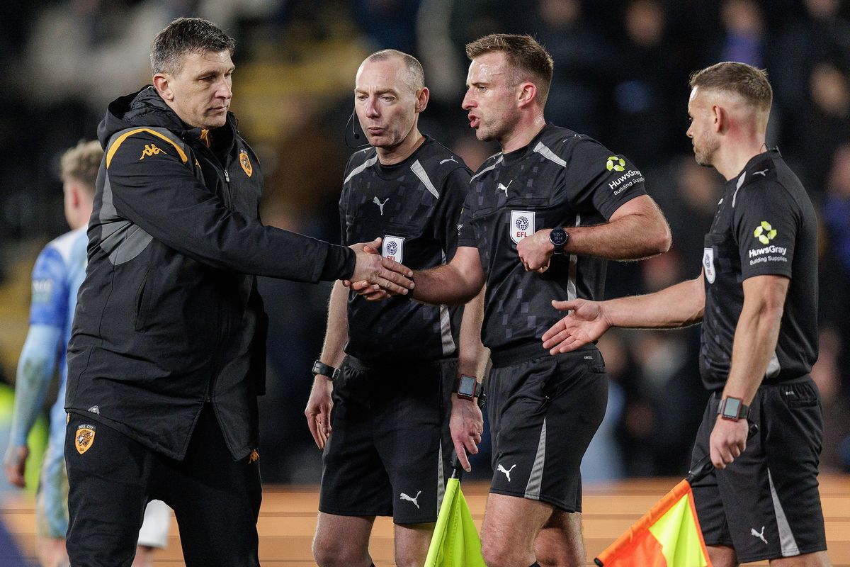 Referee Adam Herczeg and Sergej Jakirovic at the MKM Stadium