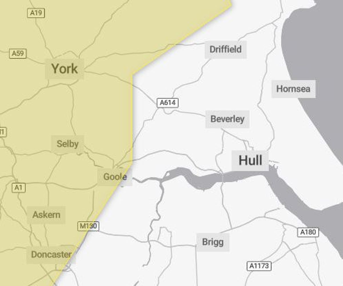 The weather warning area is currently confined to more westerly parts of East Yorkshire