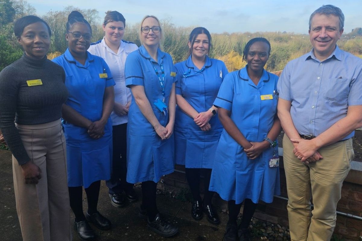 From left, Dr Simone Green, Consultant Haematologist; Laura Bakasa, Oncology and Haematology Research Nurse; Charlotte Woodward, Student Nurse; Gemma Windass, Oncology and Haematology Research Nurse; Zowie Fussey, Oncology and Haematology Research Nurse; Monica Oakley, Oncology and Haematology Research Nurse, and Professor David Allsup, Consultant Haematologist