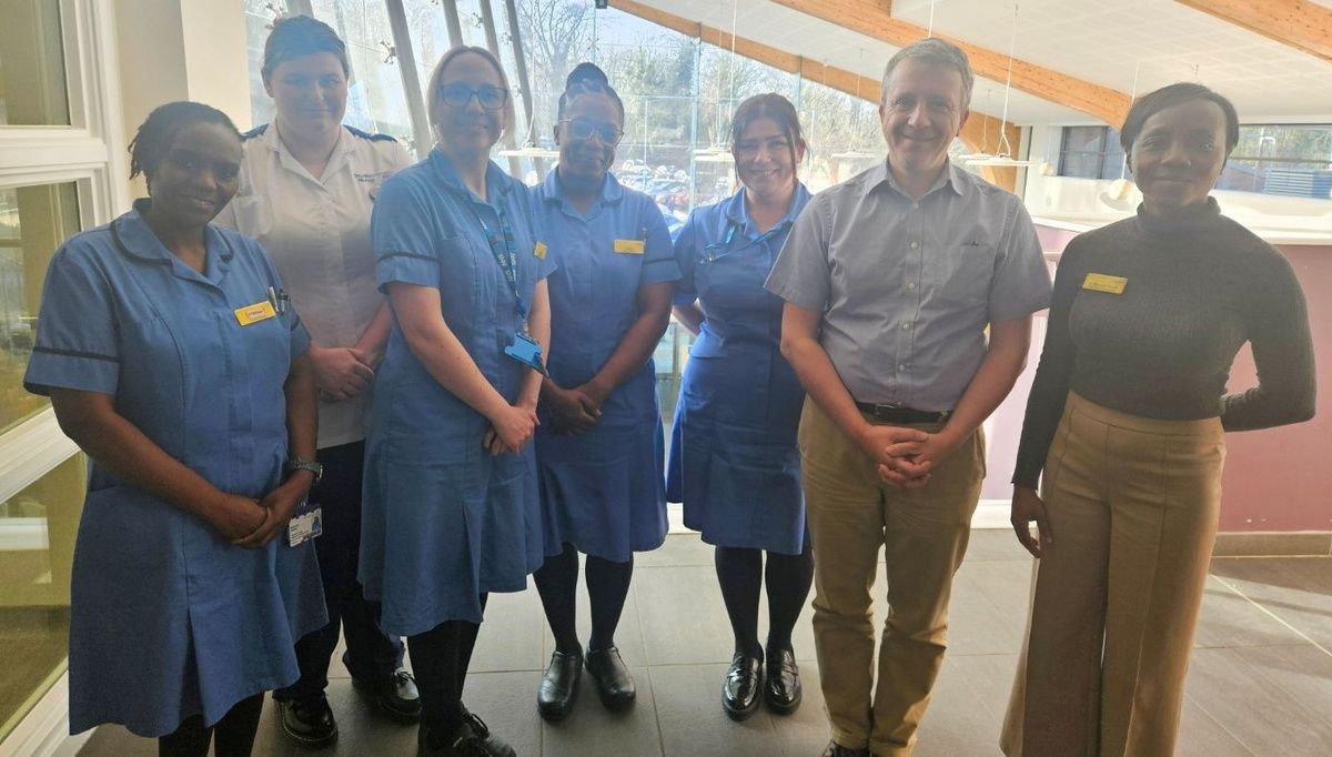 From left, Monica Oakley, Oncology and Haematology Research Nurse; Charlotte Woodward, Student Nurse; Gemma Windass, Oncology and Haematology Research Nurse; Laura Bakasa, Oncology and Haematology Research Nurse; Zowie Fussey, Oncology and Haematology Research Nurse; Professor David Allsup, Consultant Haematologist, and Dr Simone Green, Consultant Haematologist