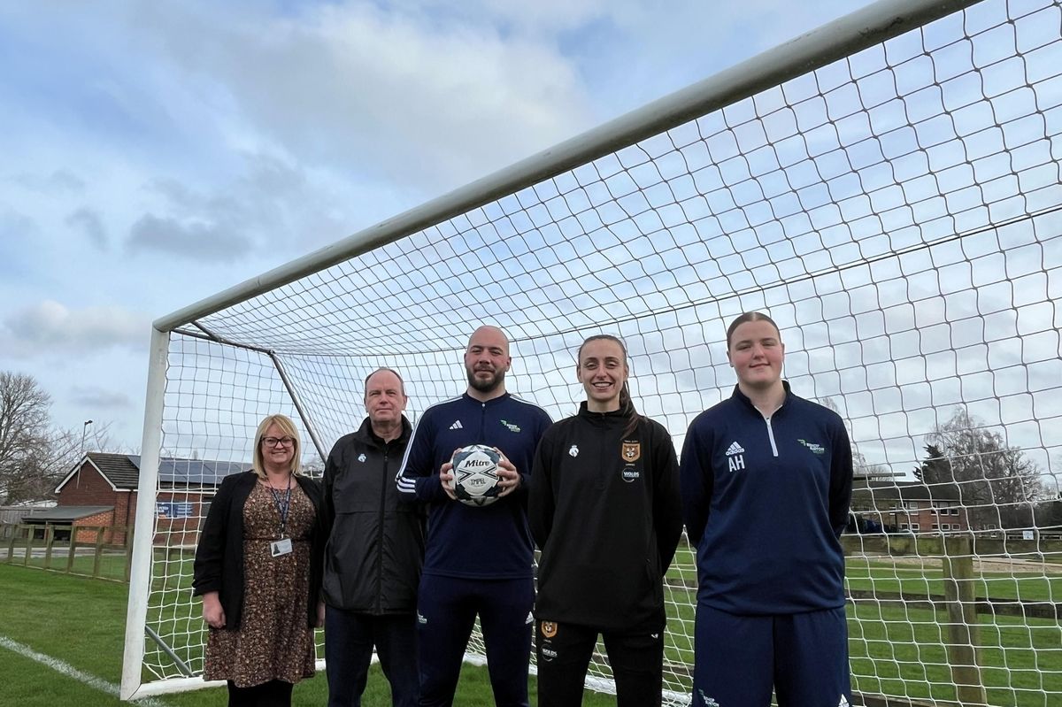 From left, Sarah Milton, Bishop Burton College director of sport and sports partnership; Adrian Costello, general manager of Hull City Ladies FC (HCLFC); Chris Hames, first team manager at HCLFC and women and girls programme lead at Bishop Burton; Sophie Haywood, head of medical at Bishop Burton and forward for HCLFC; Amelia Hudson, 16, a Bishop Burton student and goalkeeper in the HCLFC development team