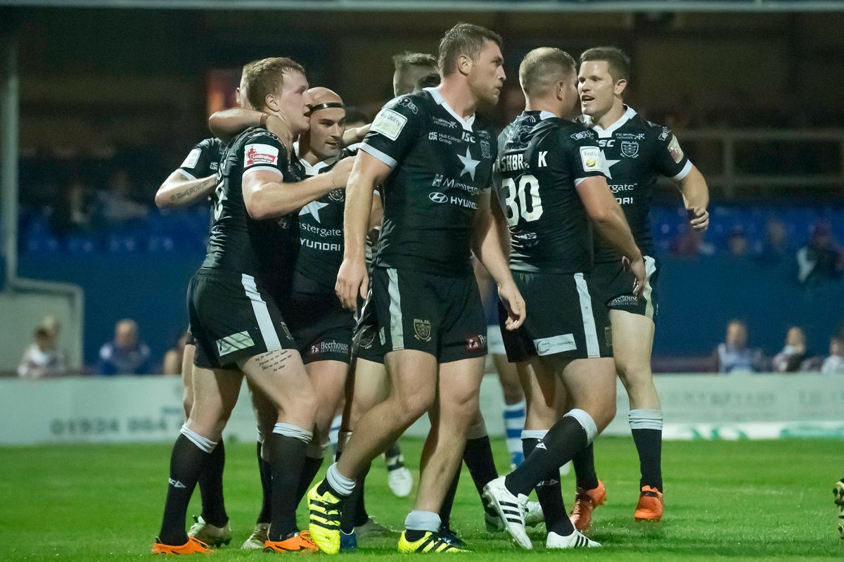 Hull FC celebrate Jordan Thompson's try against Wakefield back in 2016.
