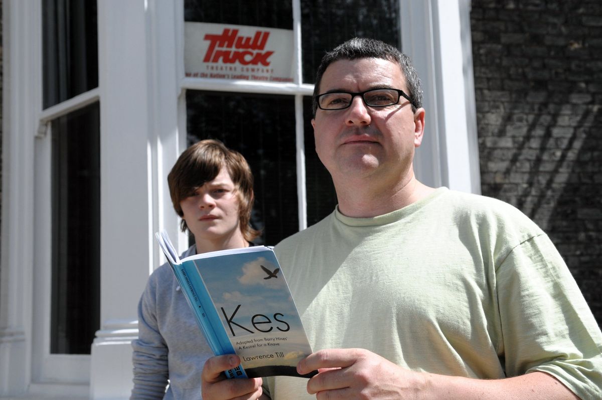 On the lookout for a kestrel ... Hull Truck Theatre director Mark Rees and Kes lead actor Robert Aramayo appealing for a falconer with a kestrel to help with their production in 2008
