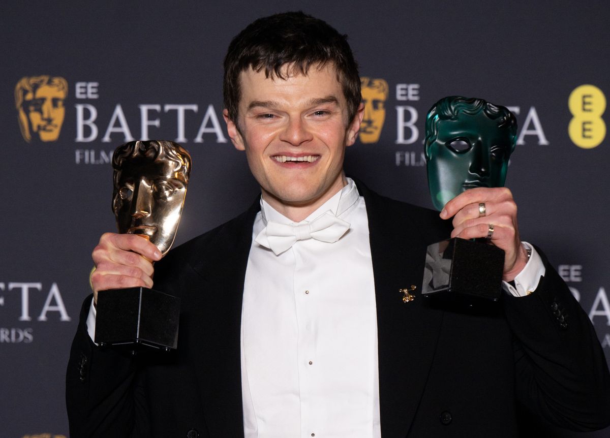 Robert Aramayo, winner of the Leading Actor Award for 'I Swear' and the EE Rising Star Award, poses in the winners room during the 2026 EE BAFTA Film Awards at The Royal Festival Hall
