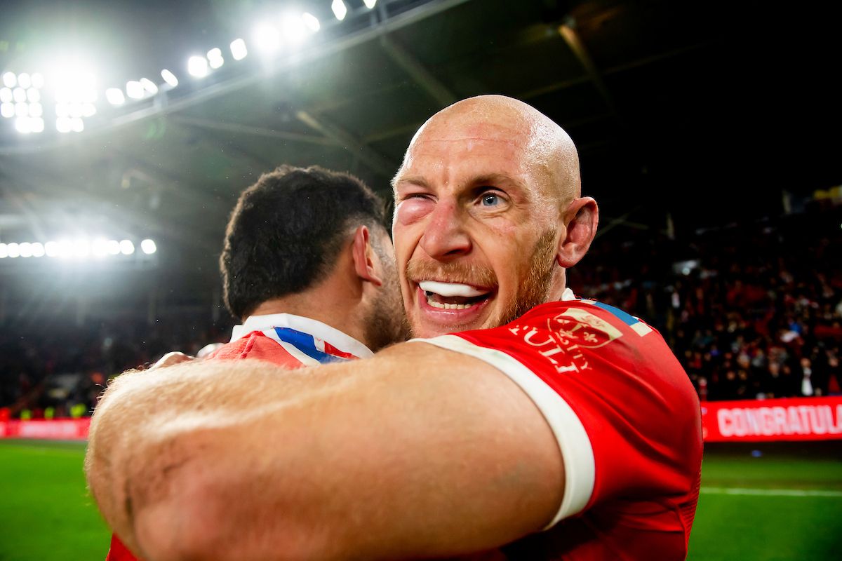 Hull KR's Dean Hadley celebrates victory over Brisbane.