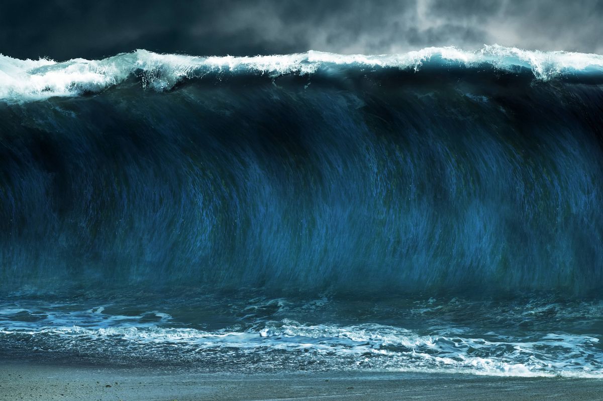 Tsunami stormy sea waves on sand beach, Thunderstorm background